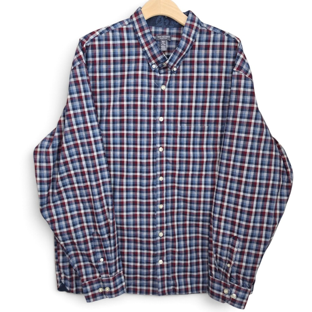 Van Heusen Never Tuck Shirt Mens 2XLT 19-19.5 Plaid Long Sleeve Button Down Blue